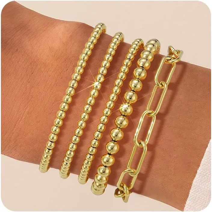 Gold Beaded Bracelet for Women 14K Gold Plated Bracelets Gold Stretch Bead Ball Bracelets Hypoallergenic Stackable Bracelet Set