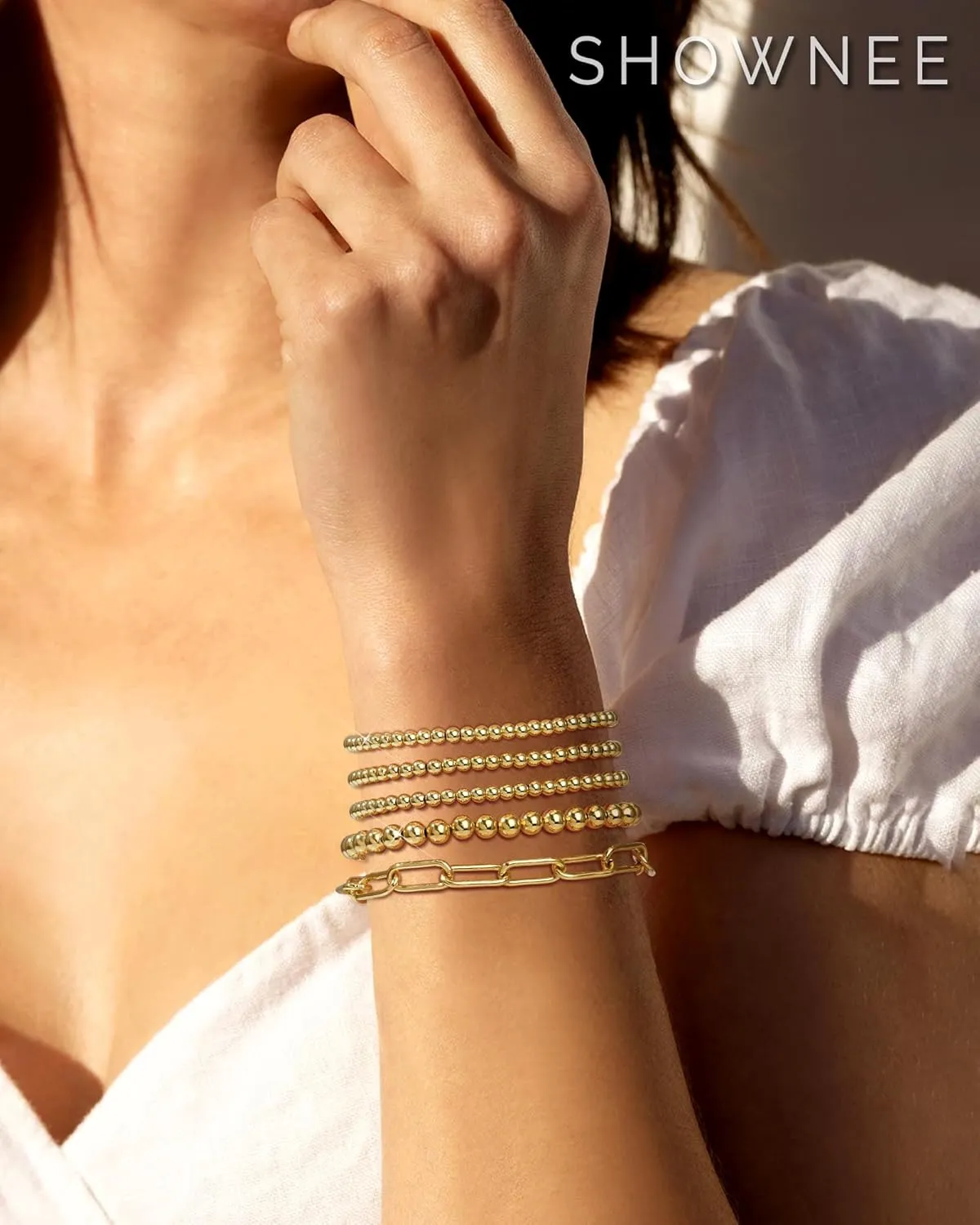 Gold Beaded Bracelet for Women 14K Gold Plated Bracelets Gold Stretch Bead Ball Bracelets Hypoallergenic Stackable Bracelet Set