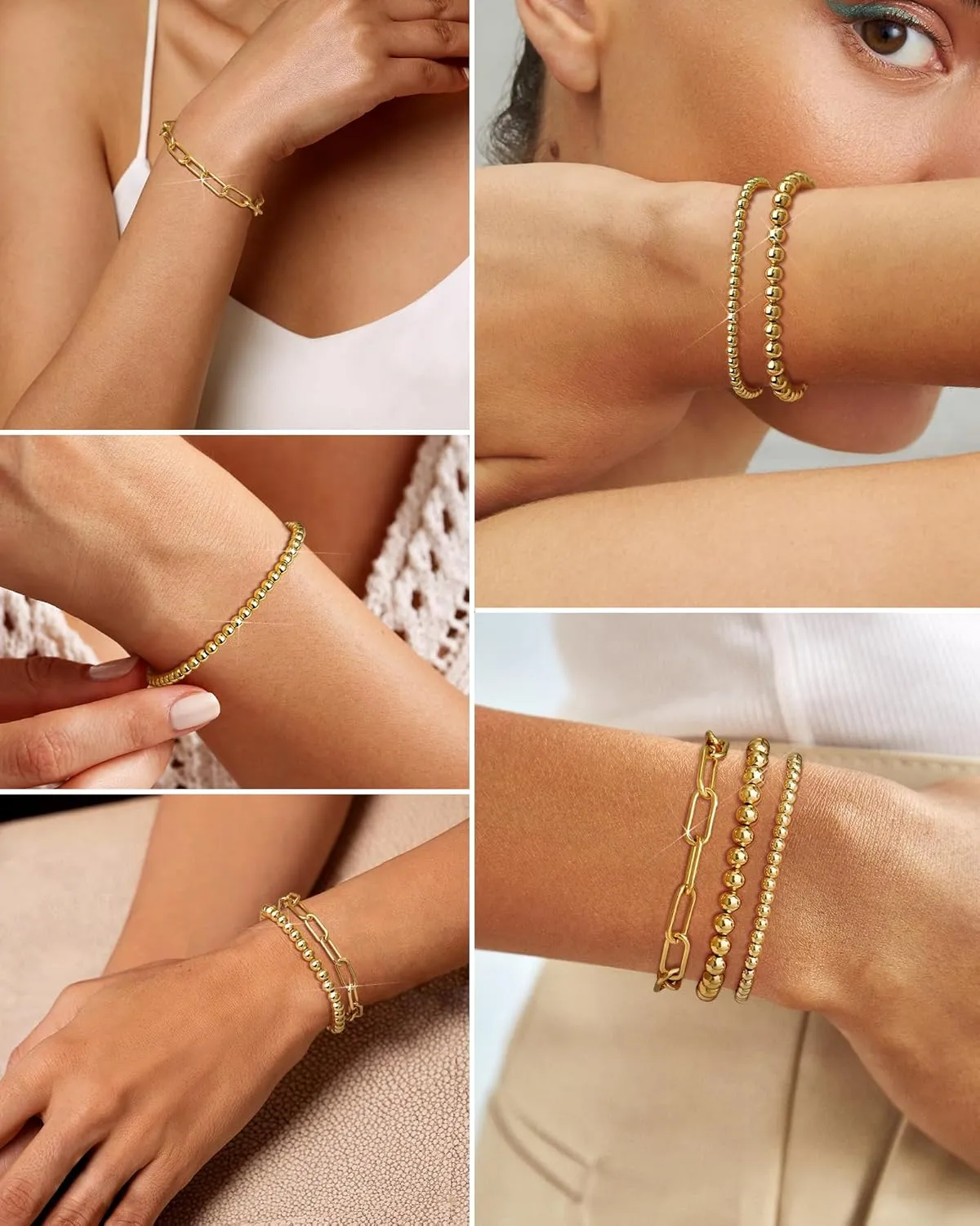 Gold Beaded Bracelet for Women 14K Gold Plated Bracelets Gold Stretch Bead Ball Bracelets Hypoallergenic Stackable Bracelet Set