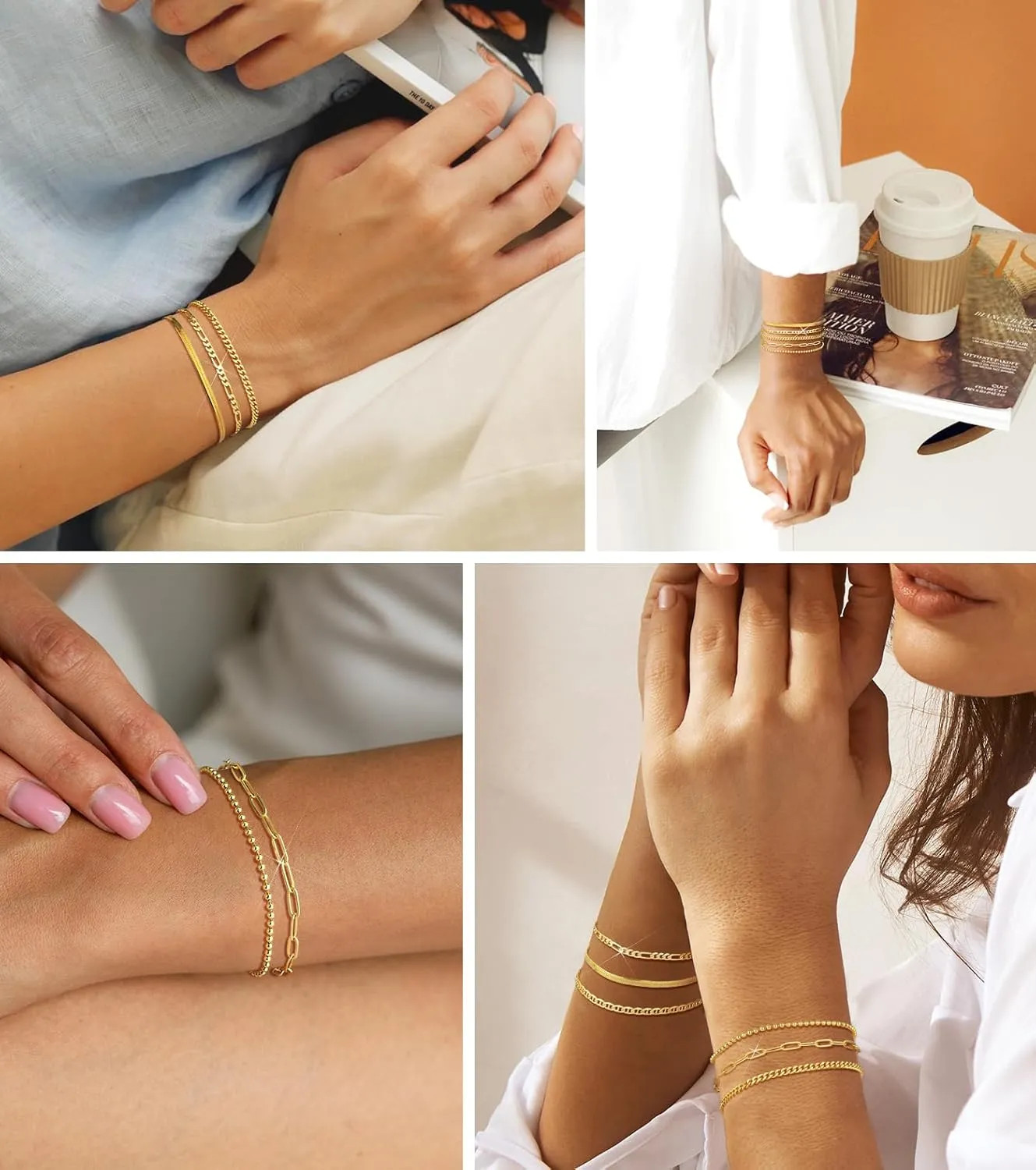 Gold Chain Bracelets Set for Women - Dainty 14K Gold Plated Cuban Link Bracelet Non Tarnish Figaro Herringbone Paperclip Stackable Beaded Bracelet Pack Jewelry Gifts 6" | 6.8" | 7.2"