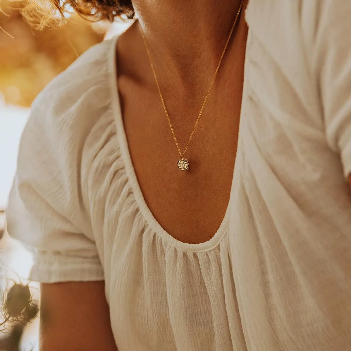Gold CZ Dainty Diamond Pendant Necklace 14K Gold Plated North Star Coin Necklace Cubic Zirconia Solitaire Choker Necklace for Women