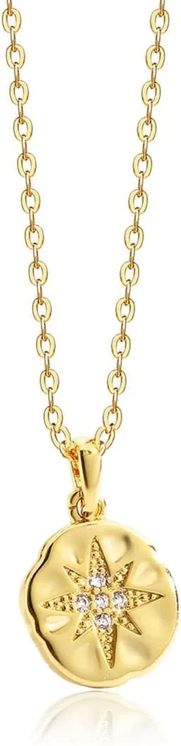 Gold CZ Dainty Diamond Pendant Necklace 14K Gold Plated North Star Coin Necklace Cubic Zirconia Solitaire Choker Necklace for Women