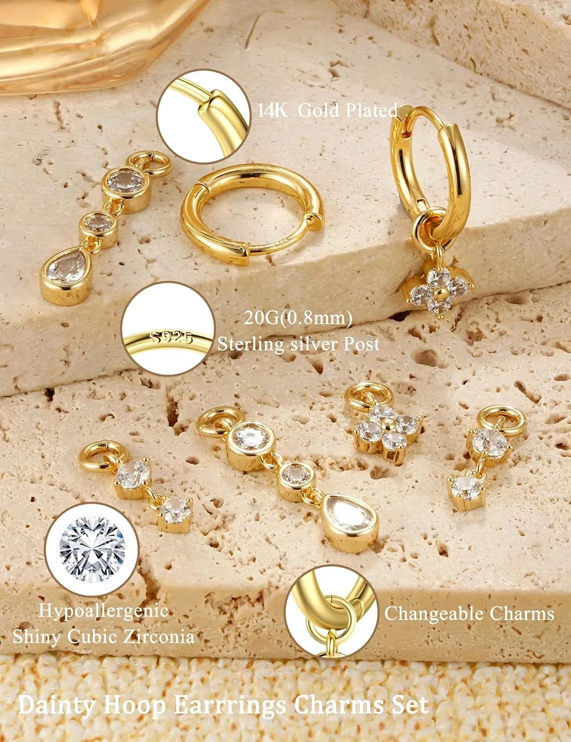 Gold Hoop Earrings Hypoallergenic 14K GP Charms Set for Women Trendy - Sterling Silver Small Huggie Hoop Earrings Pack with Cubic Zirconia Drop Dangle Earring