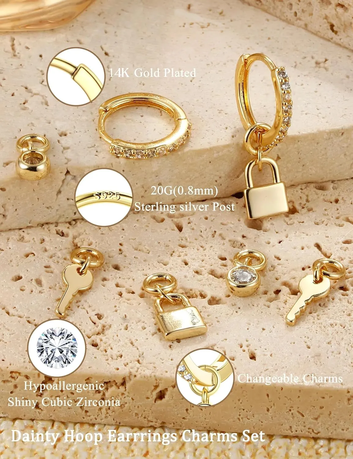 Gold Hoop Earrings Hypoallergenic 14K GP Charms Set for Women Trendy - Sterling Silver Small Huggie Hoop Earrings Pack with Cubic Zirconia Drop Dangle Earring