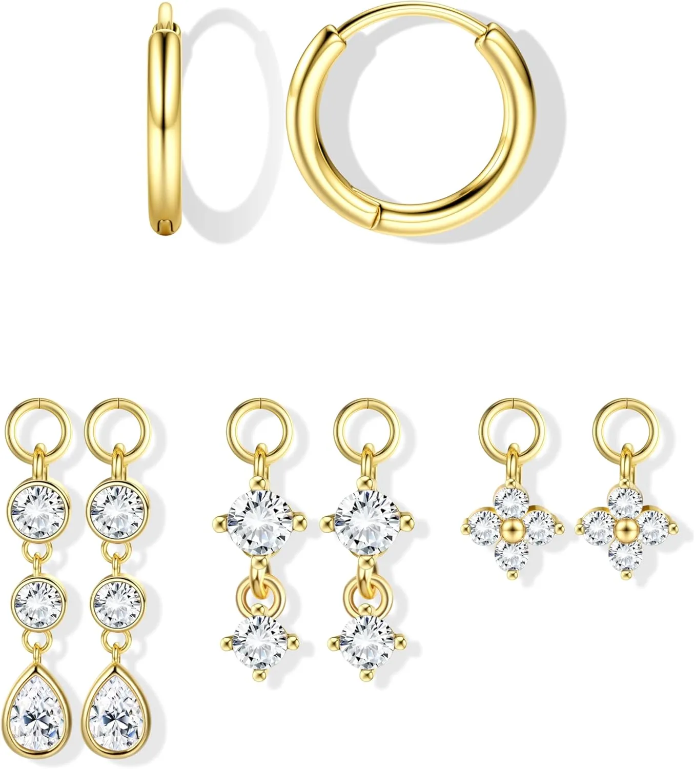 Gold Hoop Earrings Hypoallergenic 14K GP Charms Set for Women Trendy - Sterling Silver Small Huggie Hoop Earrings Pack with Cubic Zirconia Drop Dangle Earring