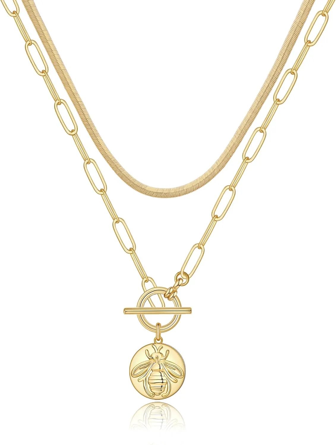 Gold Layered Necklaces for Women, 14K Gold Plated Vintage Evil Eye Queen Elizabeth Bee Sun and Moon Medallion Necklace Retro Choker Chain Link Necklace Gold Layered Necklaces for Women Jewelry