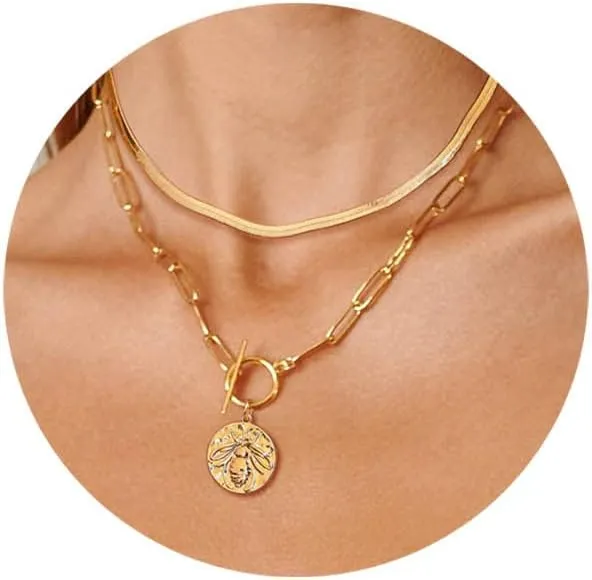 Gold Layered Necklaces for Women, 14K Gold Plated Vintage Evil Eye Queen Elizabeth Bee Sun and Moon Medallion Necklace Retro Choker Chain Link Necklace Gold Layered Necklaces for Women Jewelry