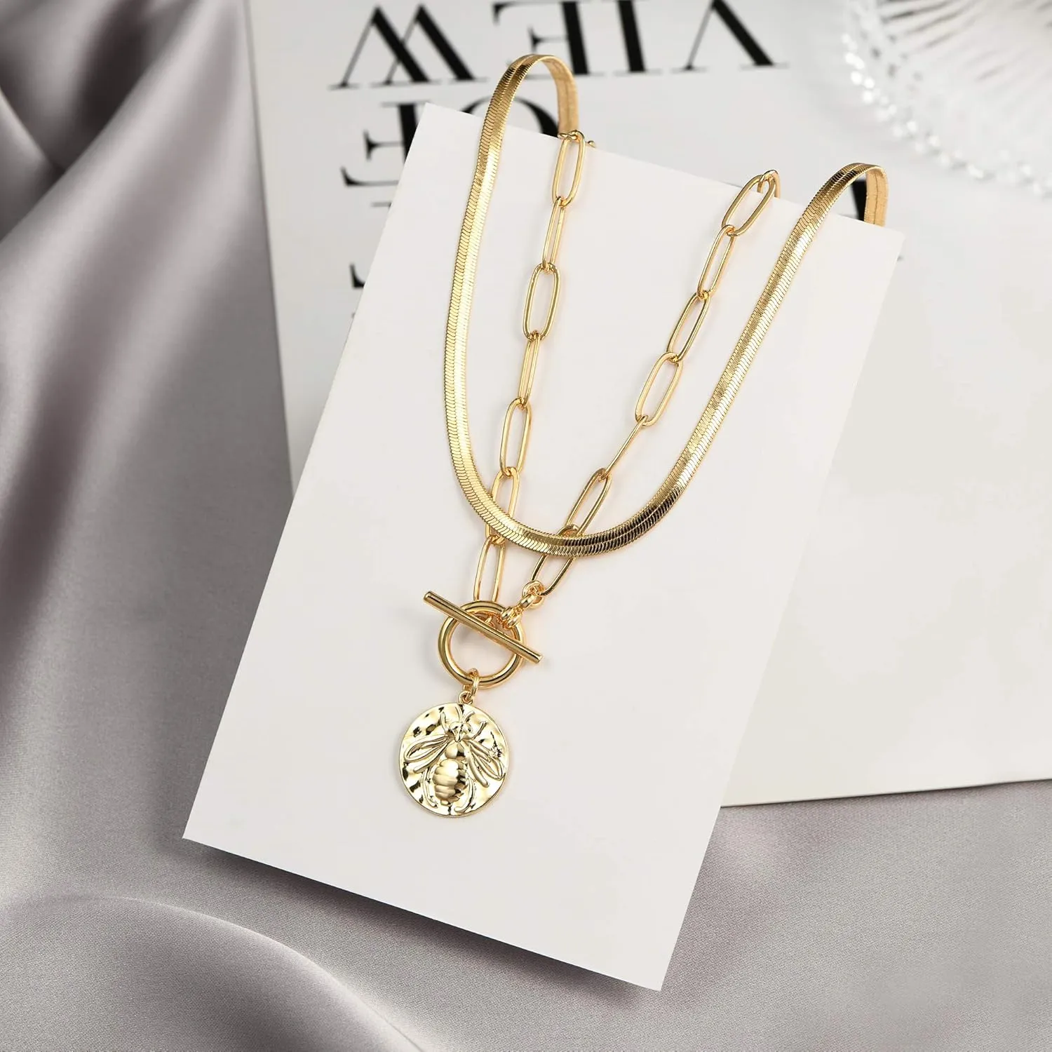 Gold Layered Necklaces for Women, 14K Gold Plated Vintage Evil Eye Queen Elizabeth Bee Sun and Moon Medallion Necklace Retro Choker Chain Link Necklace Gold Layered Necklaces for Women Jewelry