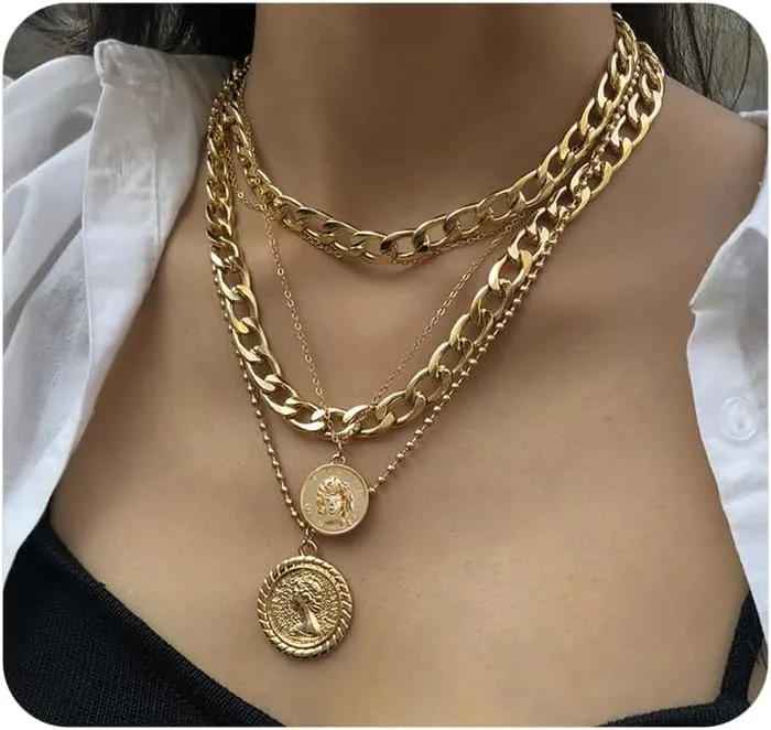 Gold Long Paperclip Coin Pendant Necklace for Women,Dainty Geometric Punk Baroque Pearl Choker Necklace,Trendy Formal Winter Sweater Jewelry Gifts