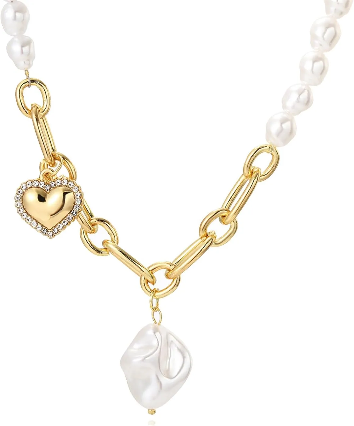 Gold Pearl Charm Necklace for Women Baroque Pearl Necklace Vintage Coin Moon Heart Pendant Necklace Chunky Gold Paperclip Chain Necklace Pearl Statement Necklace for Women Men Trendy Jewelry