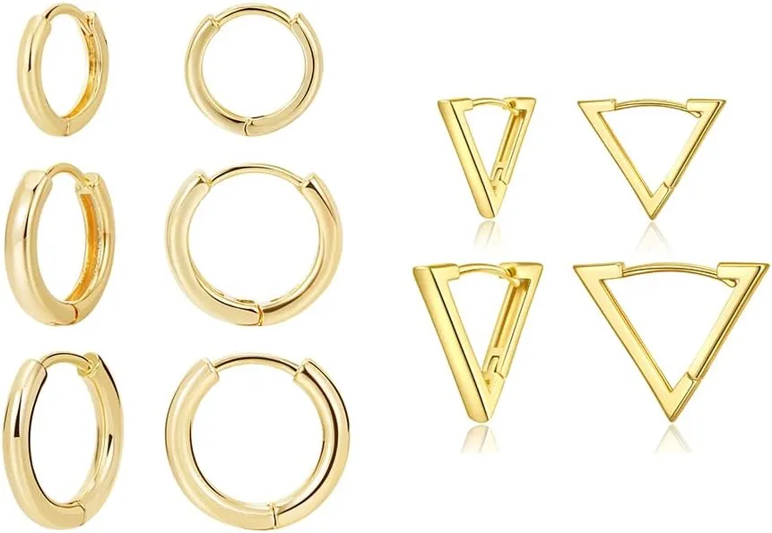Gold Plated Round And Triangle Hoop Earrings For Women Minimalist Geometric Gold Huggie Earrings In Various Size