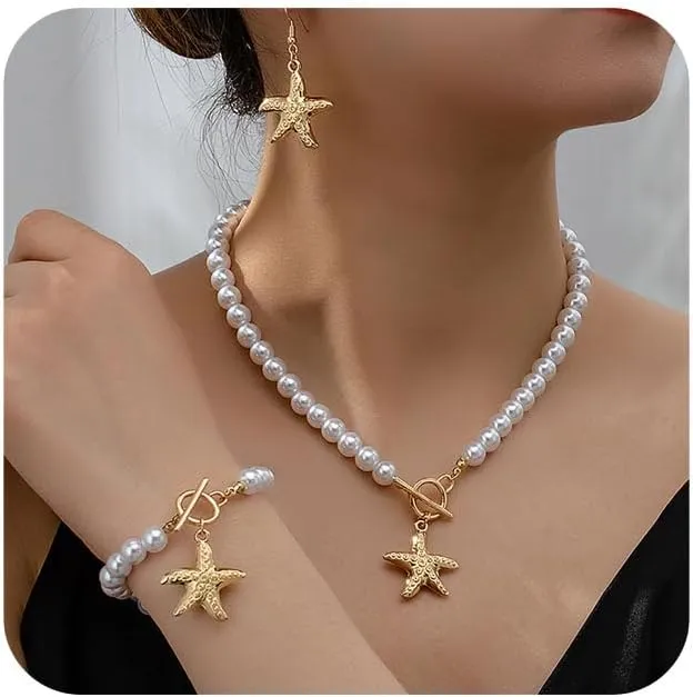 Gold Starfish Pendant Necklace Set for Women Starfish Earrings and Bracelet Baroque Pearl Choker Necklace Summer Ocean Beach Jewelry for Women