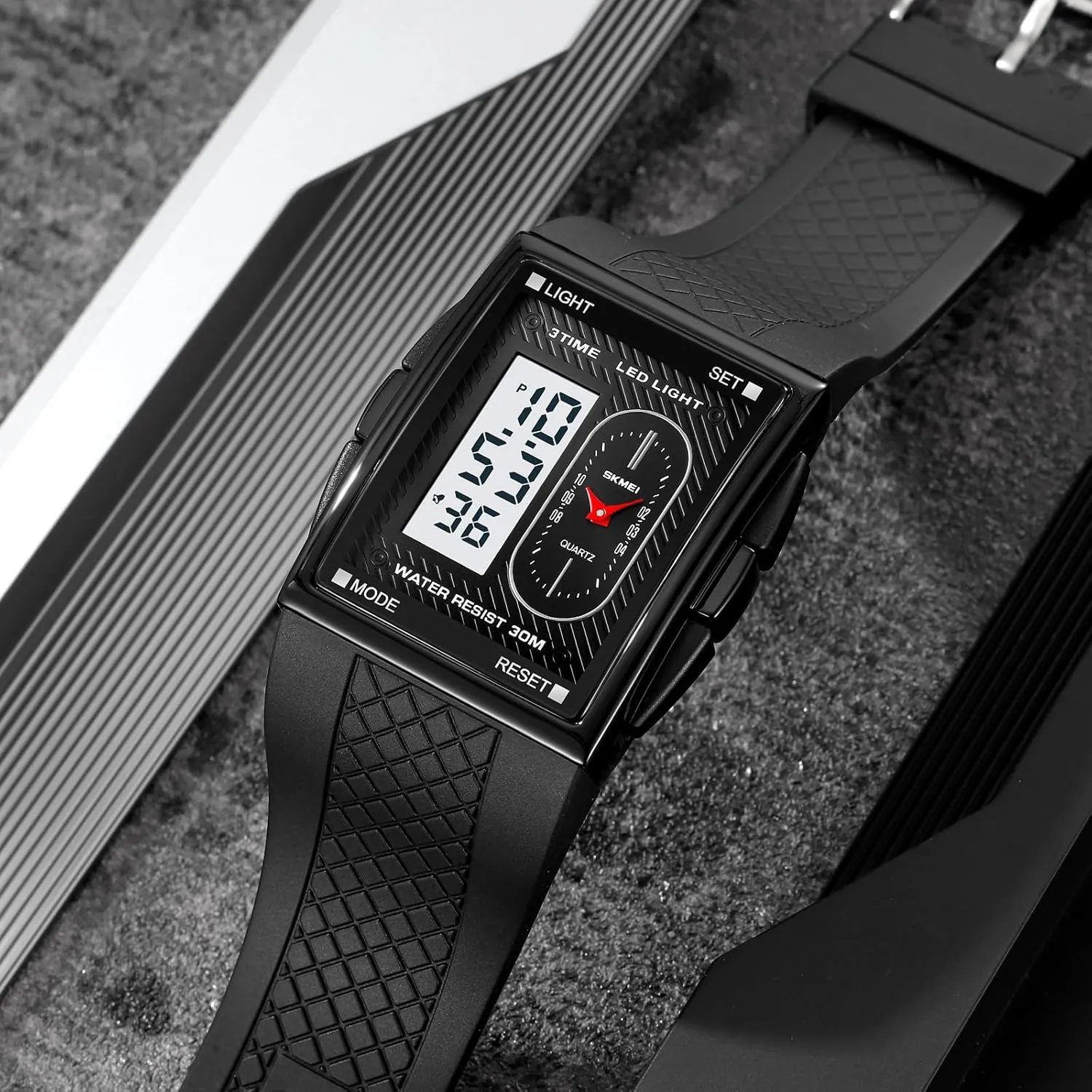 Gosasa Fashion Men's Digital Analog Watches Square Face Sport Casual Dual Display Multifunctional Wristwatch for Men with Alarm Waterproof LED Luminous