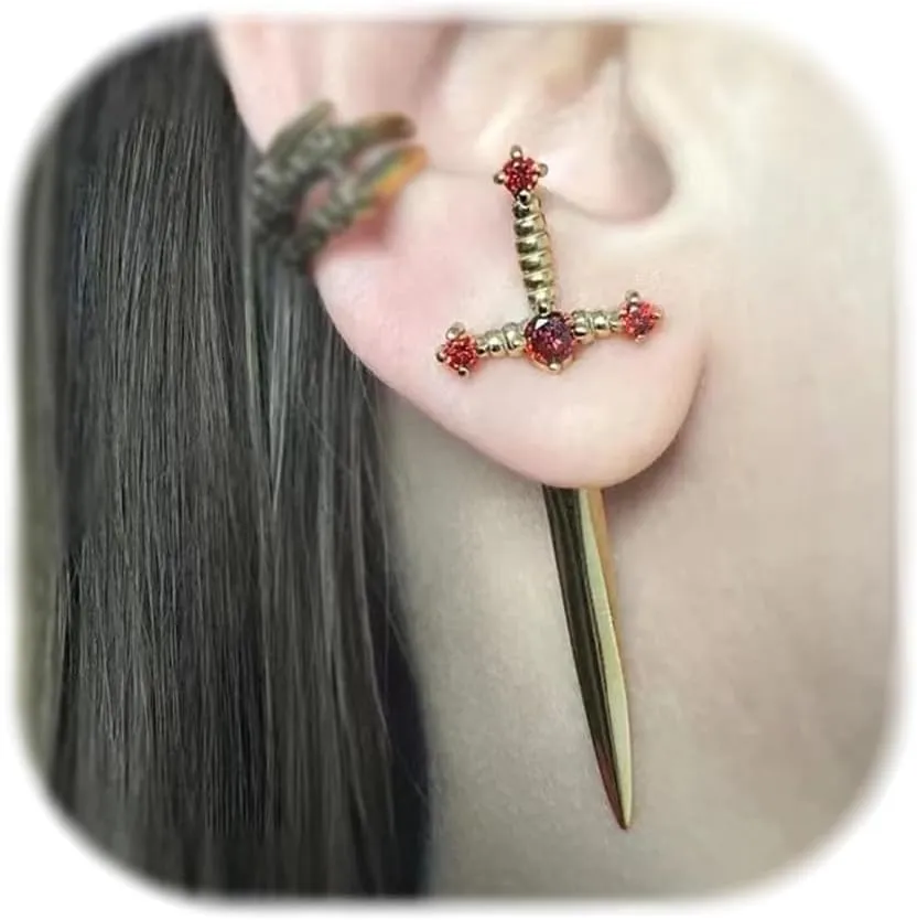 Gothic Sword Earrings Rhinestone Dagger Earrings Cubic Zirconia Punk Sword Earrings Black Gold Retro Sword Screw Earrings Front Back Stud Earrings for Women
