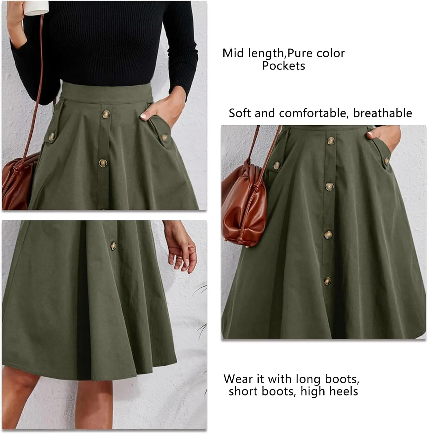 Greensen Women's High Waist Casual Pleated A Line Midi Skirt, Pleated Skirt Tie Belt Button Front Mini Skirt with Pocket