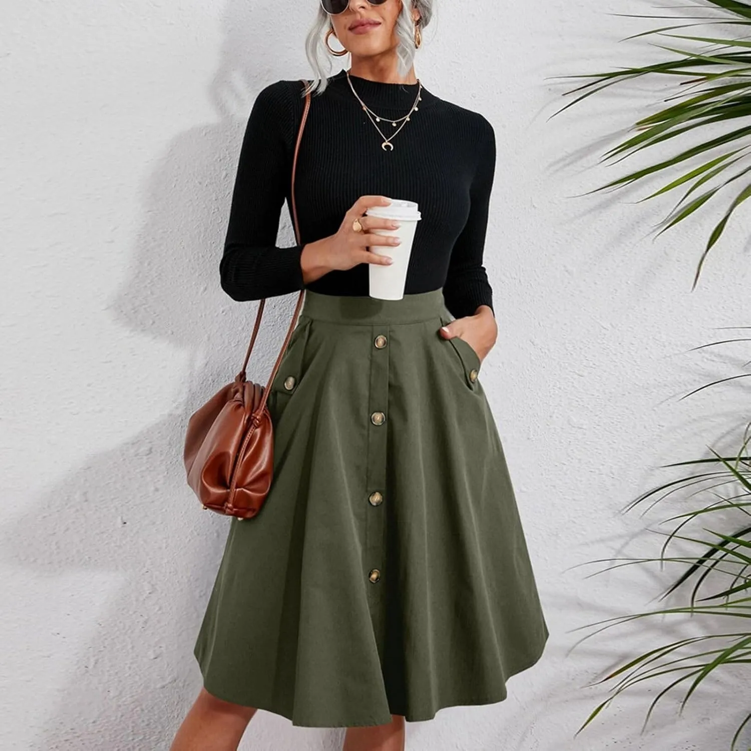 Greensen Women's High Waist Casual Pleated A Line Midi Skirt, Pleated Skirt Tie Belt Button Front Mini Skirt with Pocket