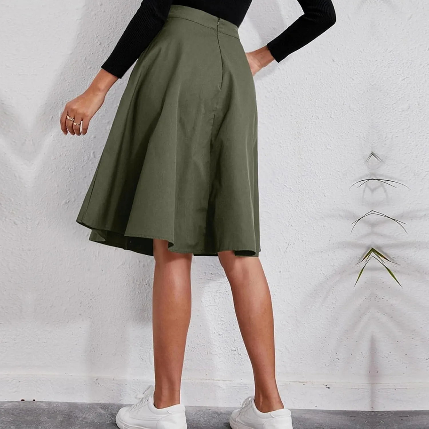 Greensen Women's High Waist Casual Pleated A Line Midi Skirt, Pleated Skirt Tie Belt Button Front Mini Skirt with Pocket