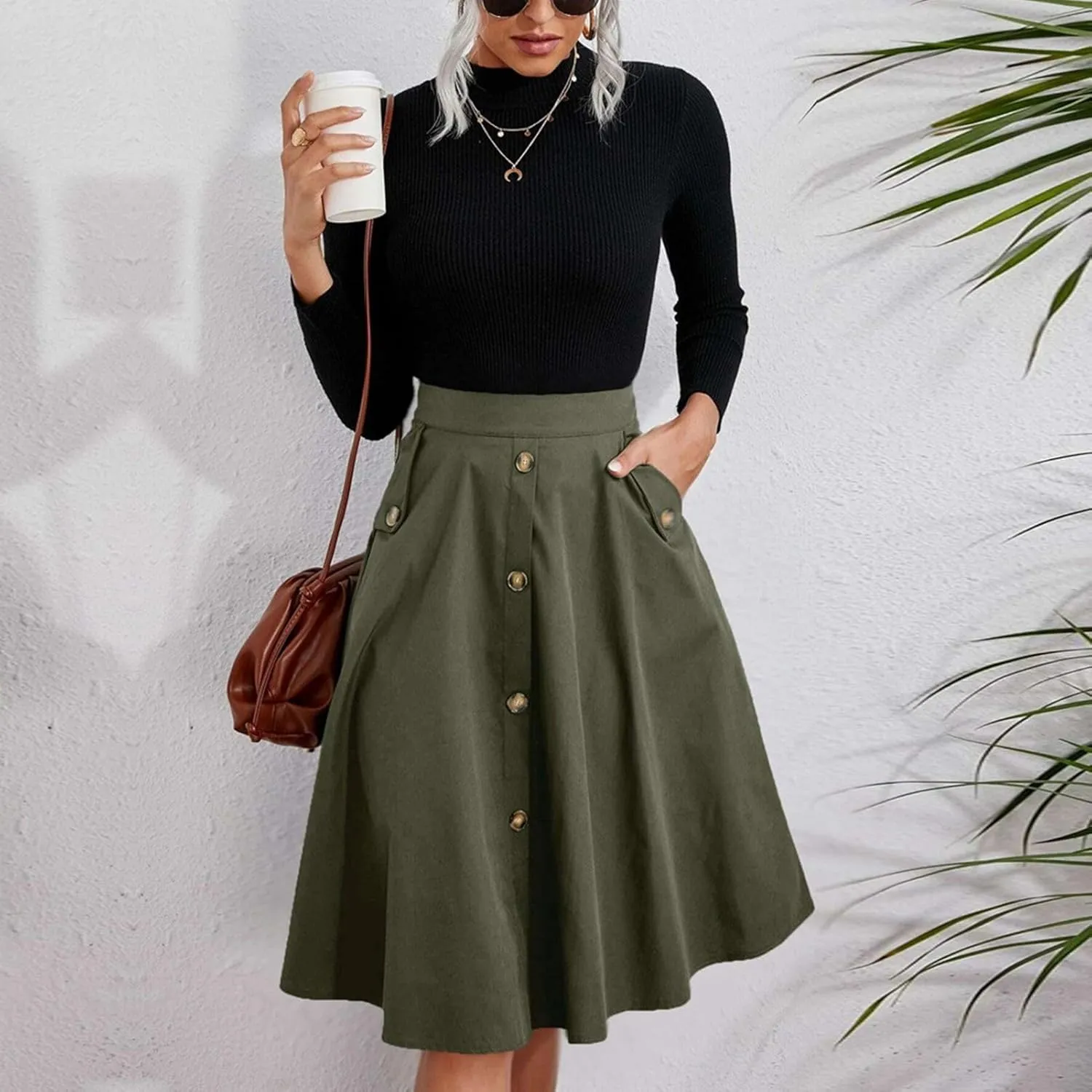 Greensen Women's High Waist Casual Pleated A Line Midi Skirt, Pleated Skirt Tie Belt Button Front Mini Skirt with Pocket