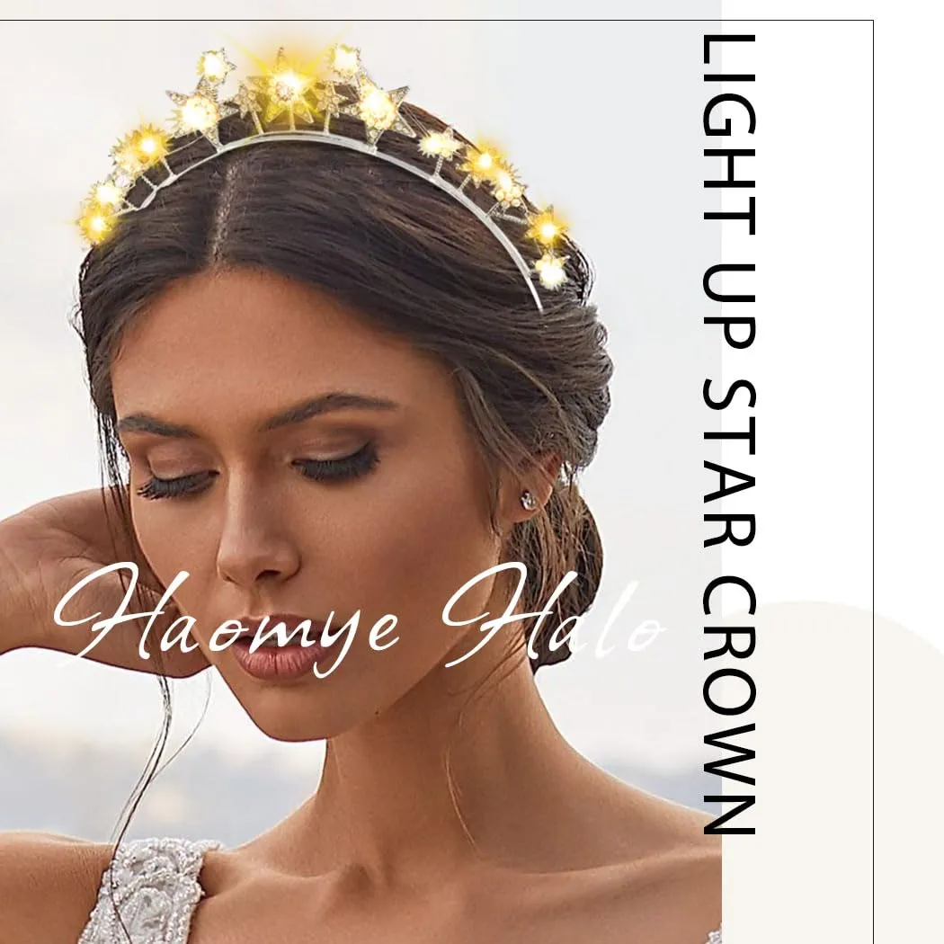 Halo Light Up Crown Crystal Star Halo Headband Led Rhinestone Tiaras Crowns Goddess Hair Accessories for Wedding Party (Silver, free-b)
