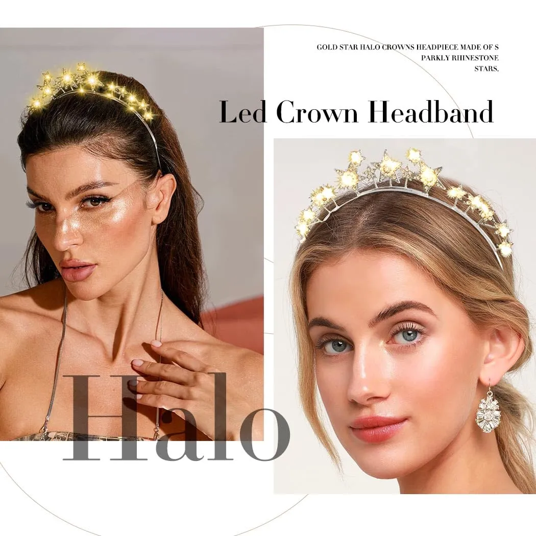 Halo Light Up Crown Crystal Star Halo Headband Led Rhinestone Tiaras Crowns Goddess Hair Accessories for Wedding Party (Silver, free-b)