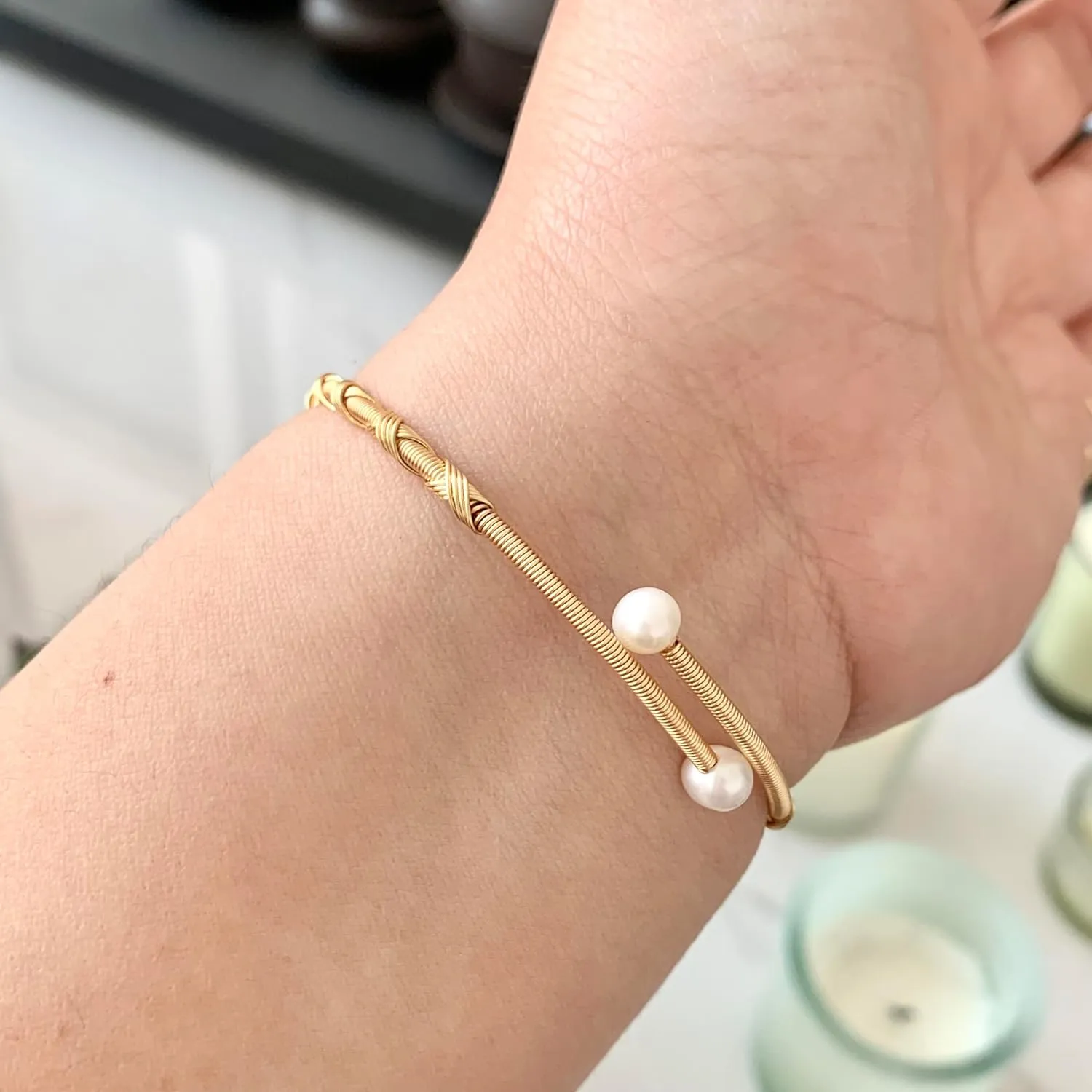 Handcrafted Natural Freshwater Baroque Pearl Bracelet,Winding Design,Opening Adjustable,14k Gold Plated Material (FIVE)