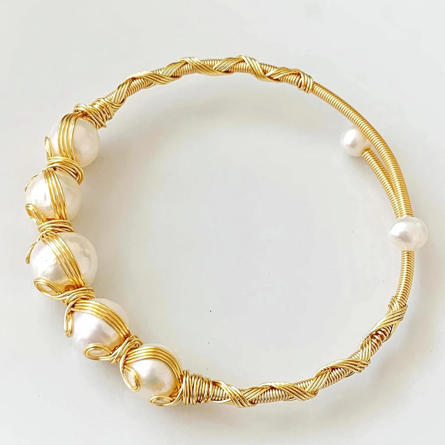 Handcrafted Natural Freshwater Baroque Pearl Bracelet,Winding Design,Opening Adjustable,14k Gold Plated Material (FIVE)