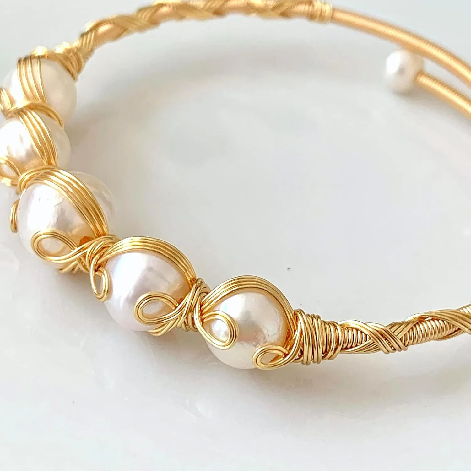 Handcrafted Natural Freshwater Baroque Pearl Bracelet,Winding Design,Opening Adjustable,14k Gold Plated Material (FIVE)