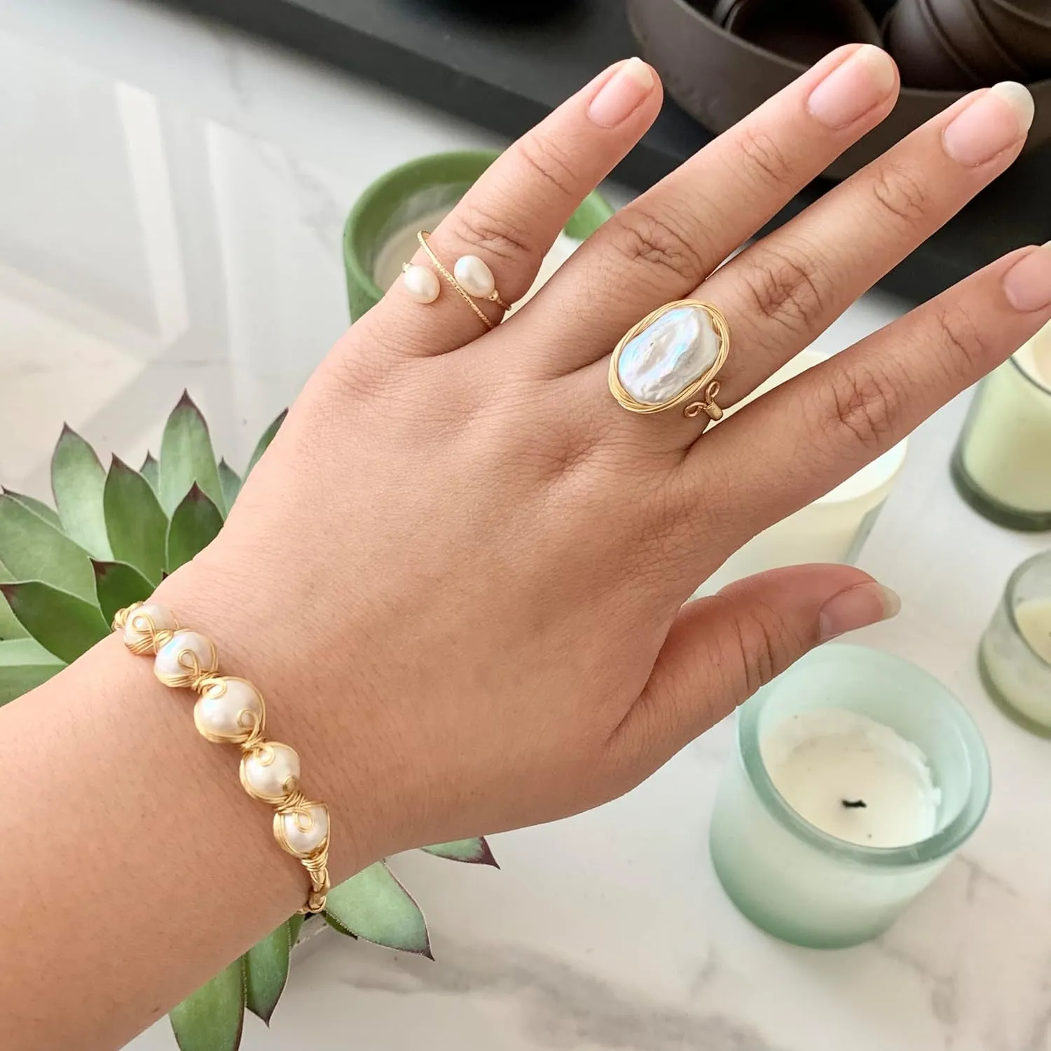 Handcrafted Natural Freshwater Baroque Pearl Bracelet,Winding Design,Opening Adjustable,14k Gold Plated Material (FIVE)