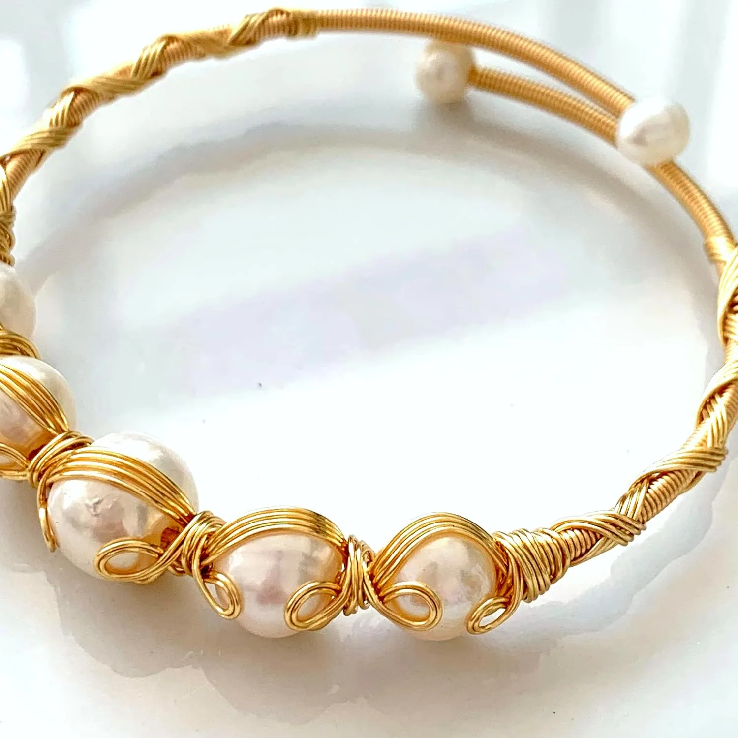 Handcrafted Natural Freshwater Baroque Pearl Bracelet,Winding Design,Opening Adjustable,14k Gold Plated Material (FIVE)