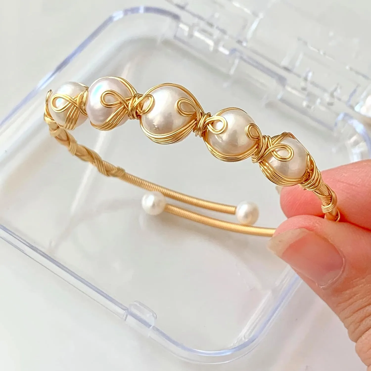Handcrafted Natural Freshwater Baroque Pearl Bracelet,Winding Design,Opening Adjustable,14k Gold Plated Material (FIVE)