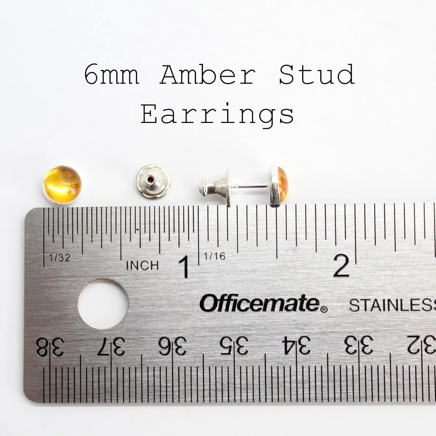 Handmade 6mm Amber Stud Earrings for Women and Girls, Round Bezel 925 Sterling Silver (amber)