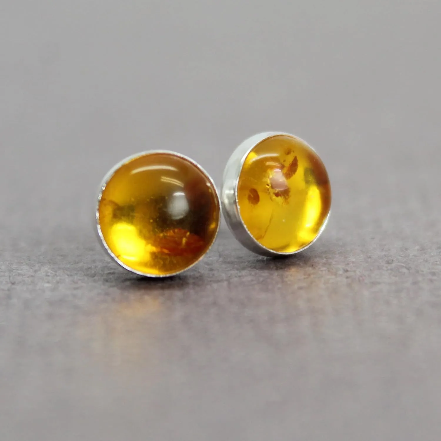 Handmade 6mm Amber Stud Earrings for Women and Girls, Round Bezel 925 Sterling Silver (amber)