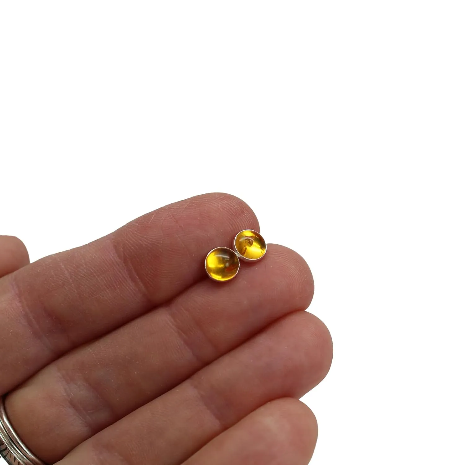 Handmade 6mm Amber Stud Earrings for Women and Girls, Round Bezel 925 Sterling Silver (amber)