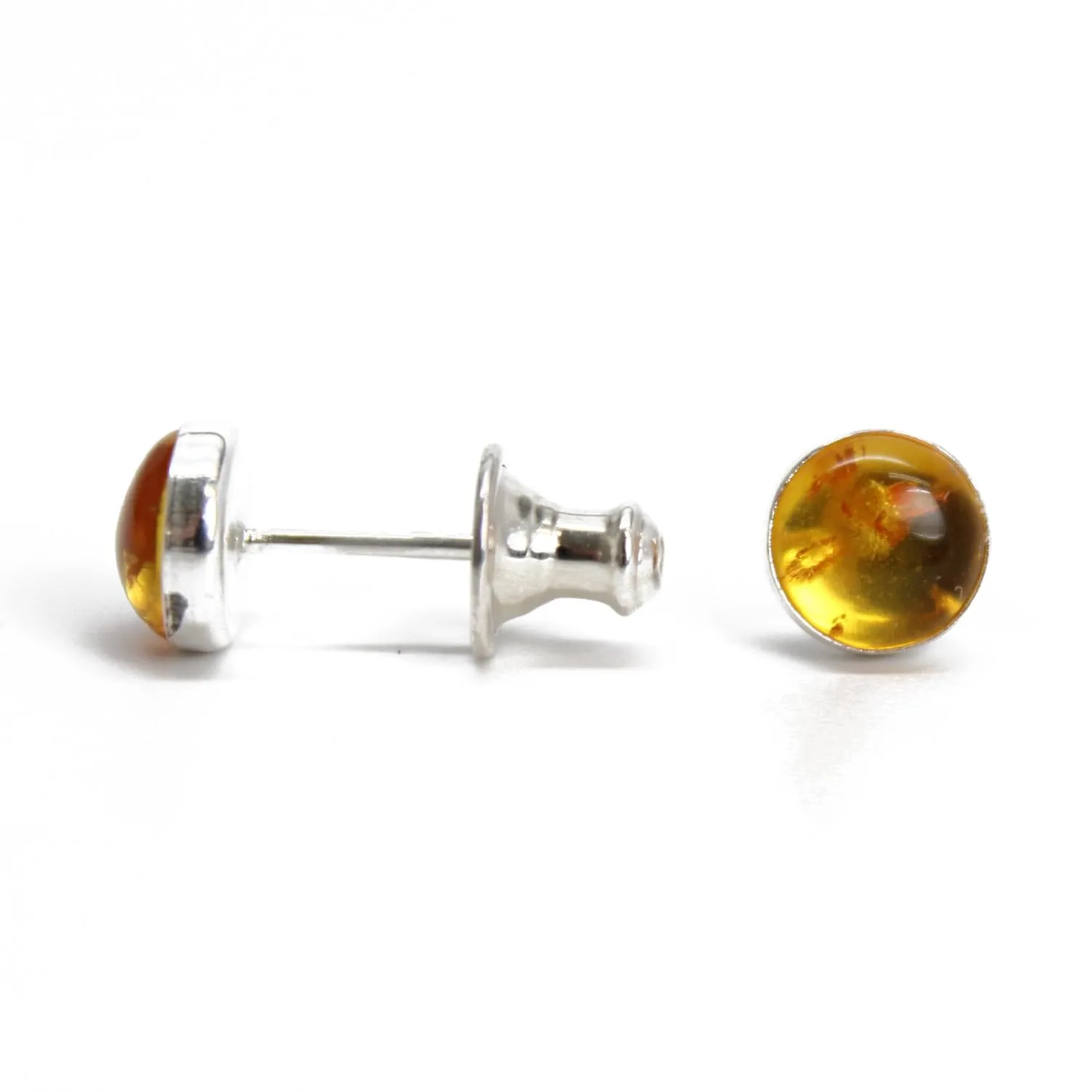 Handmade 6mm Amber Stud Earrings for Women and Girls, Round Bezel 925 Sterling Silver (amber)