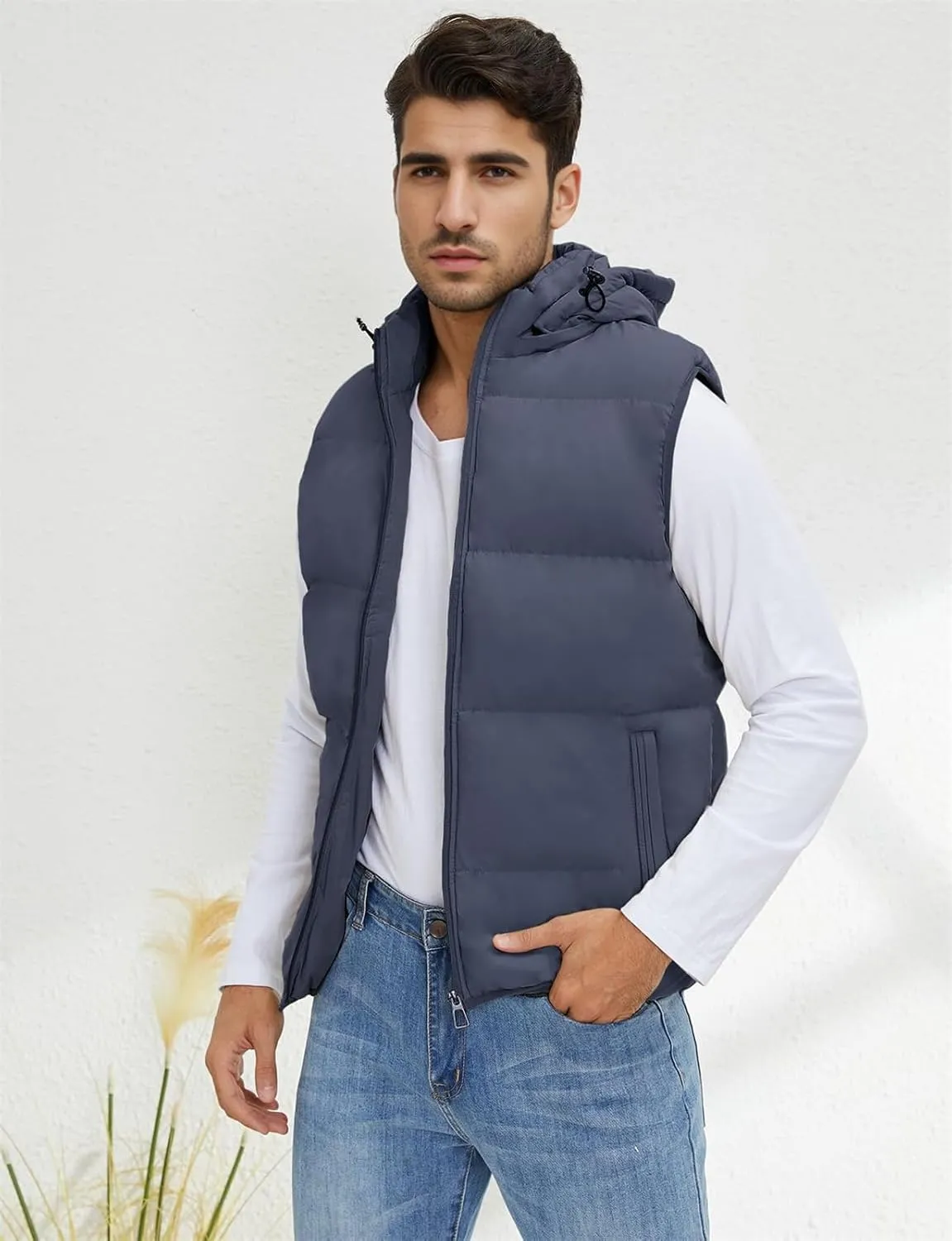 hathne Men's Winter Puffer Vest Sleeveless Warm Zipper Lightweight Jacket Vest with Removable Hood