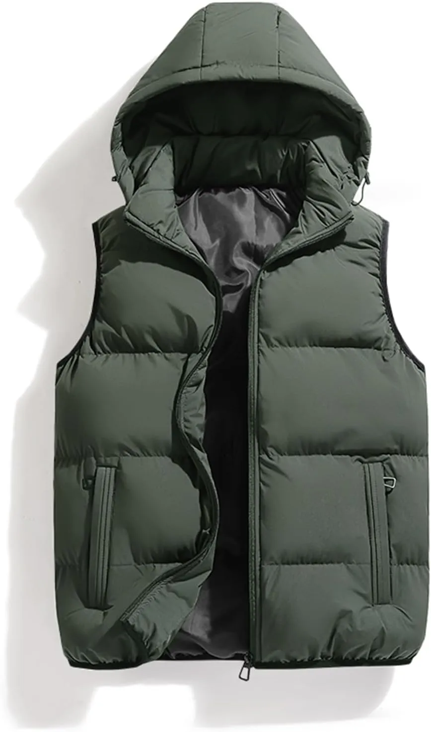 hathne Men's Winter Puffer Vest Sleeveless Warm Zipper Lightweight Jacket Vest with Removable Hood