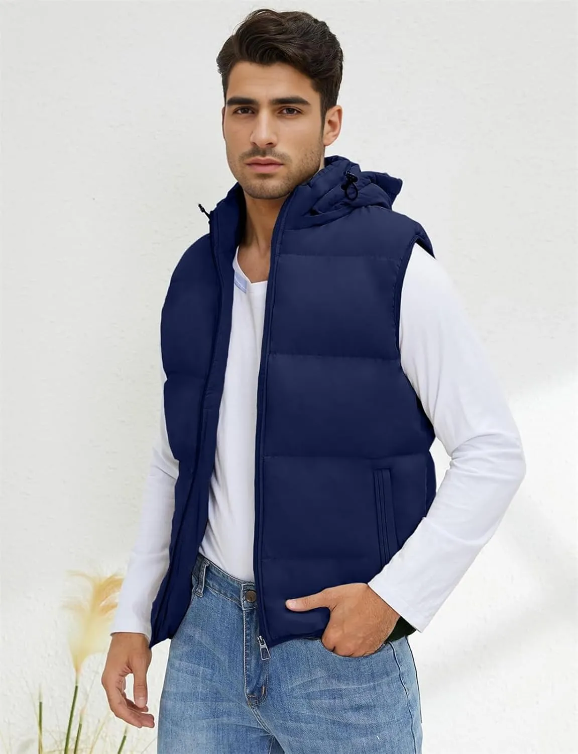 hathne Men's Winter Puffer Vest Sleeveless Warm Zipper Lightweight Jacket Vest with Removable Hood