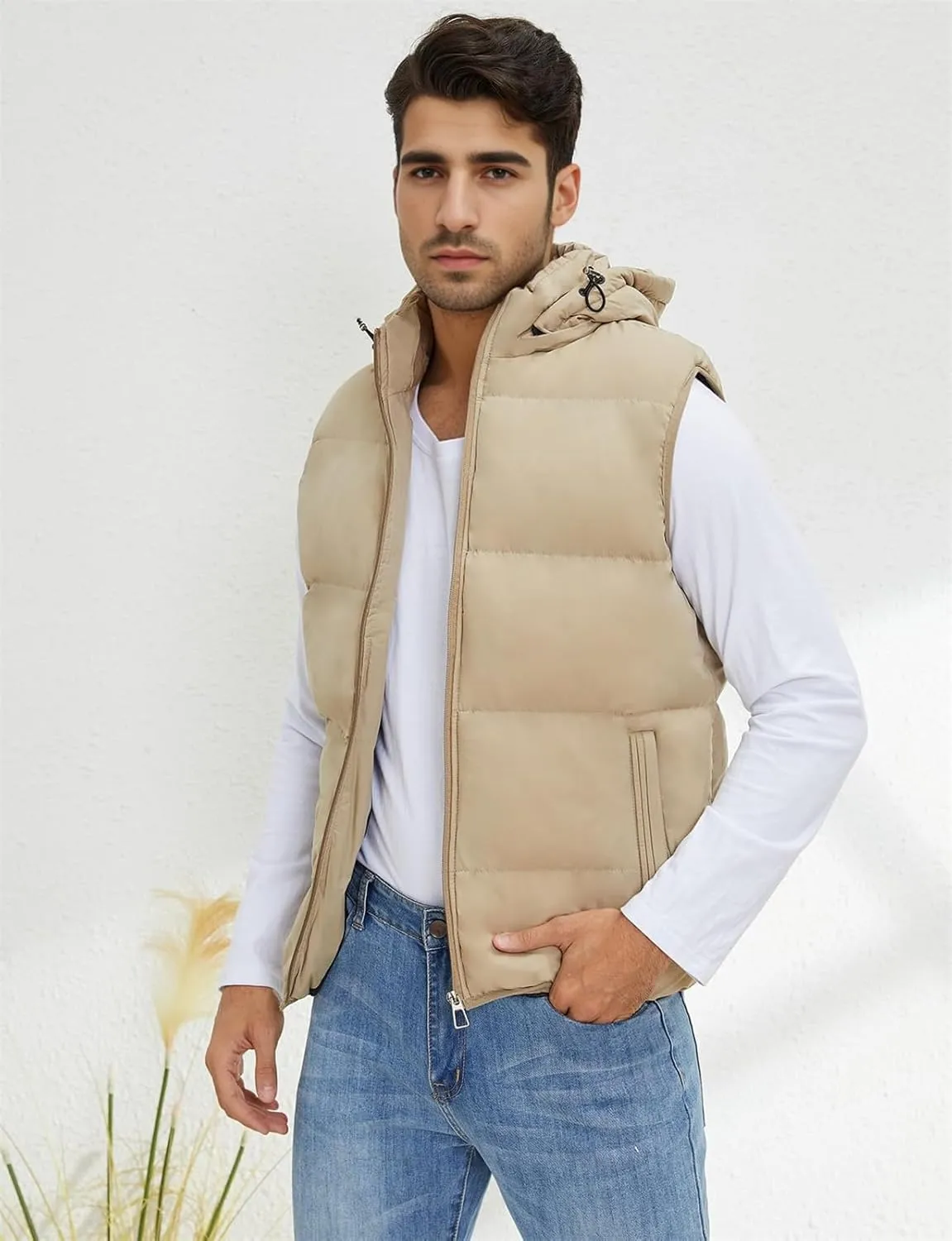 hathne Men's Winter Puffer Vest Sleeveless Warm Zipper Lightweight Jacket Vest with Removable Hood