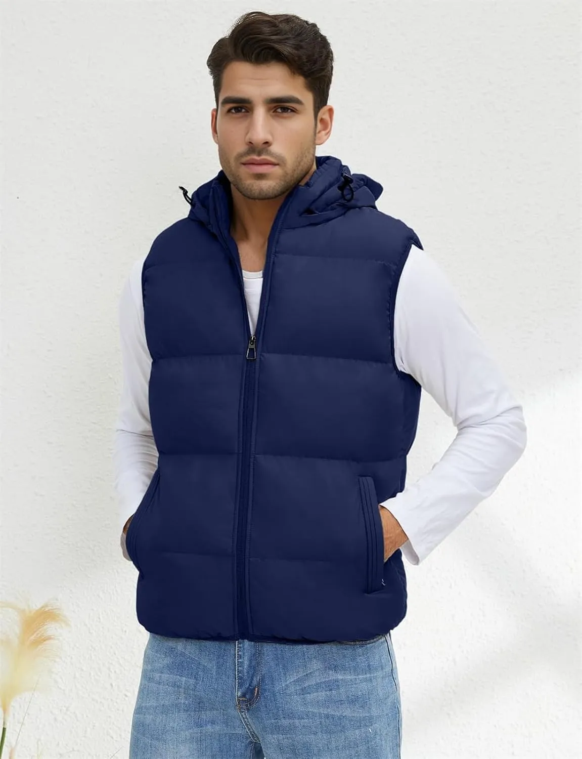 hathne Men's Winter Puffer Vest Sleeveless Warm Zipper Lightweight Jacket Vest with Removable Hood
