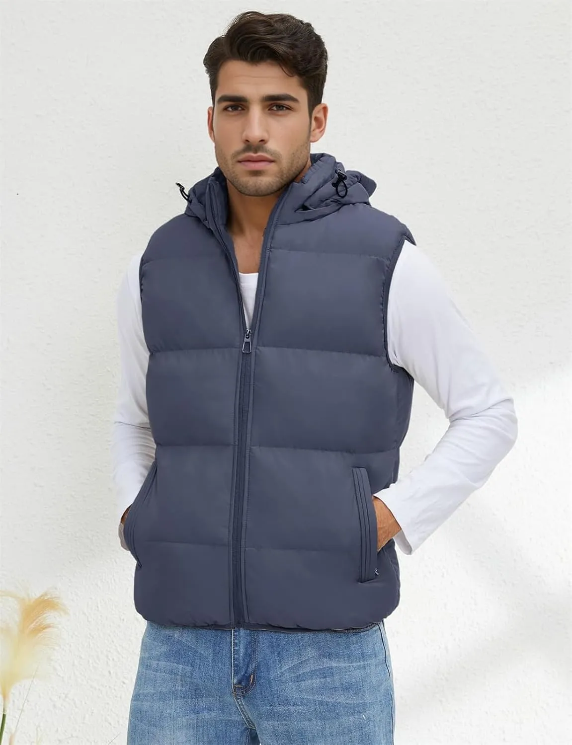 hathne Men's Winter Puffer Vest Sleeveless Warm Zipper Lightweight Jacket Vest with Removable Hood
