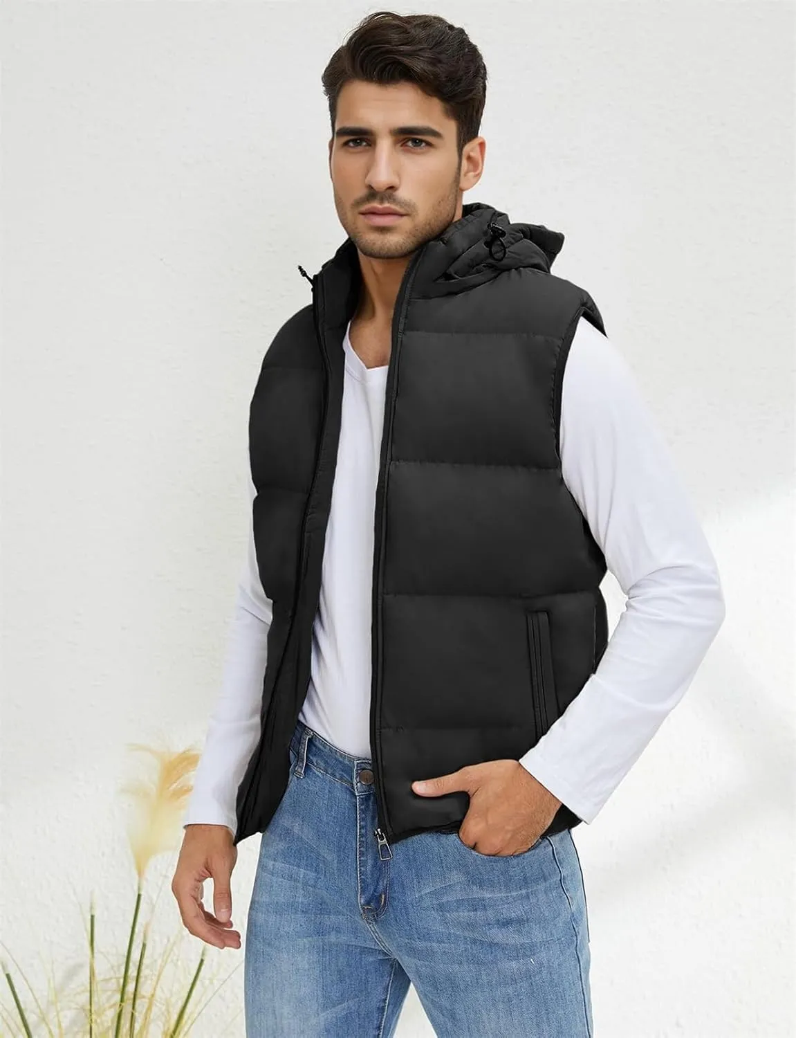 hathne Men's Winter Puffer Vest Sleeveless Warm Zipper Lightweight Jacket Vest with Removable Hood