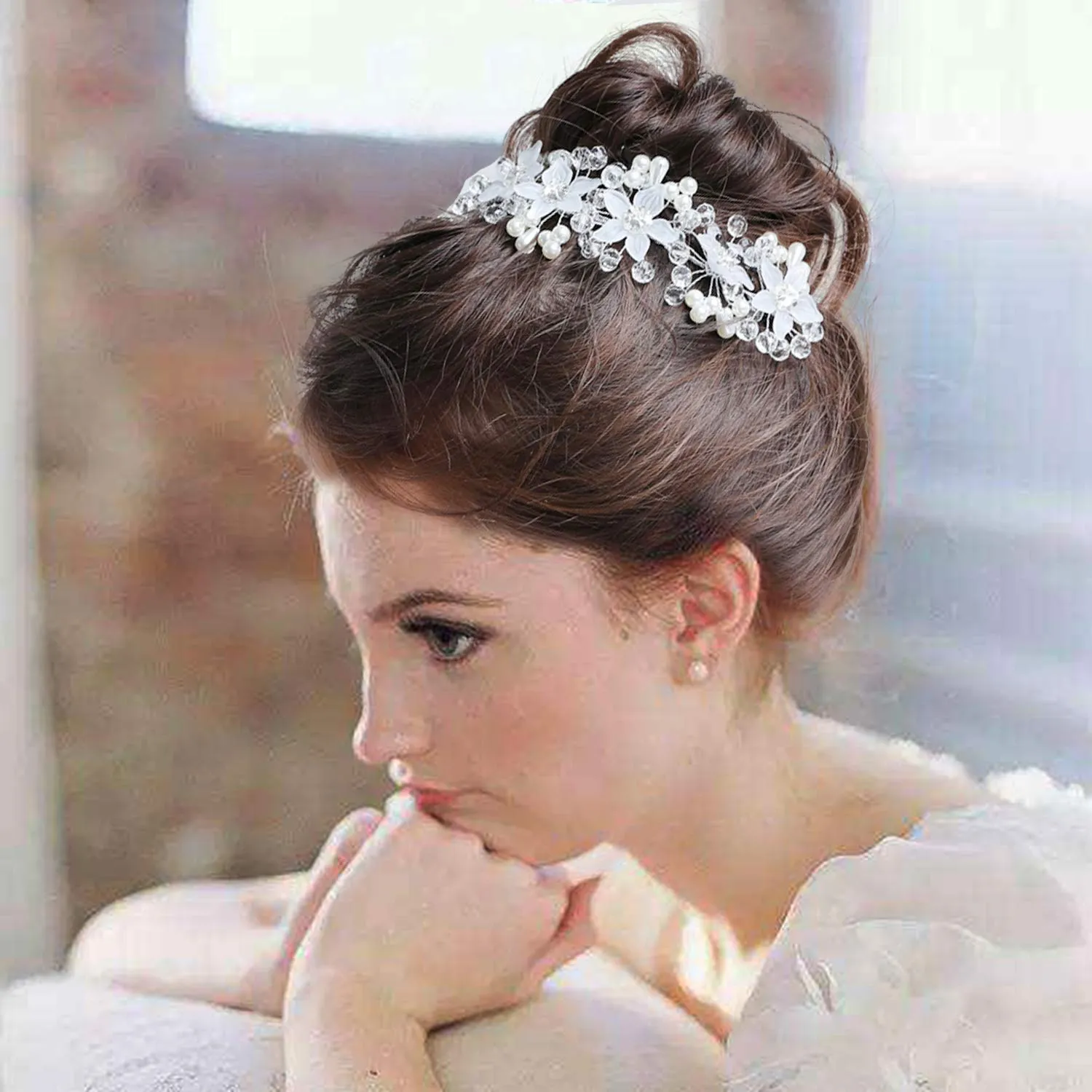 Headdress Beading Hair Accessories Rhinestone Pearls crystal Headpiece Hair Jewelry for Bridal Party Ceremony Wedding,Communion Veil (Bead 1)