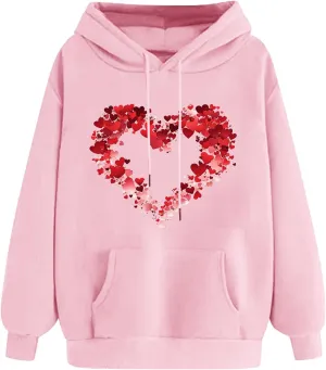 Heart Graphic Hoodies for Women Cute Long Sleeve Valentines Sweatshirts Trendy Comfy Hooded Pullover with Pockets