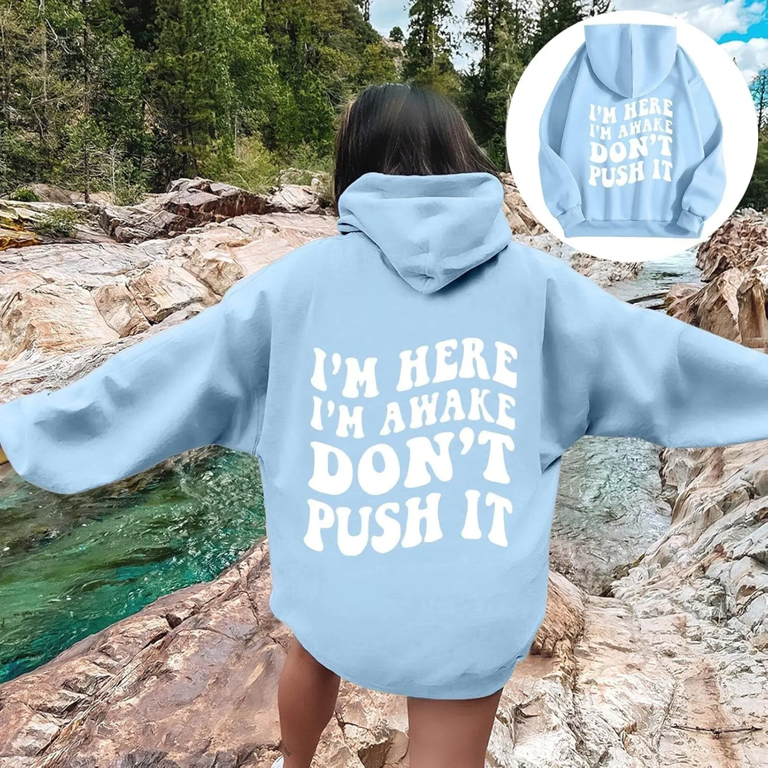Heevina Hoodies For Women I'm Here I'm Awake Don't Push It Printed Funny Hoodie Pockets Hooded Sweatshirts 2024 Casual