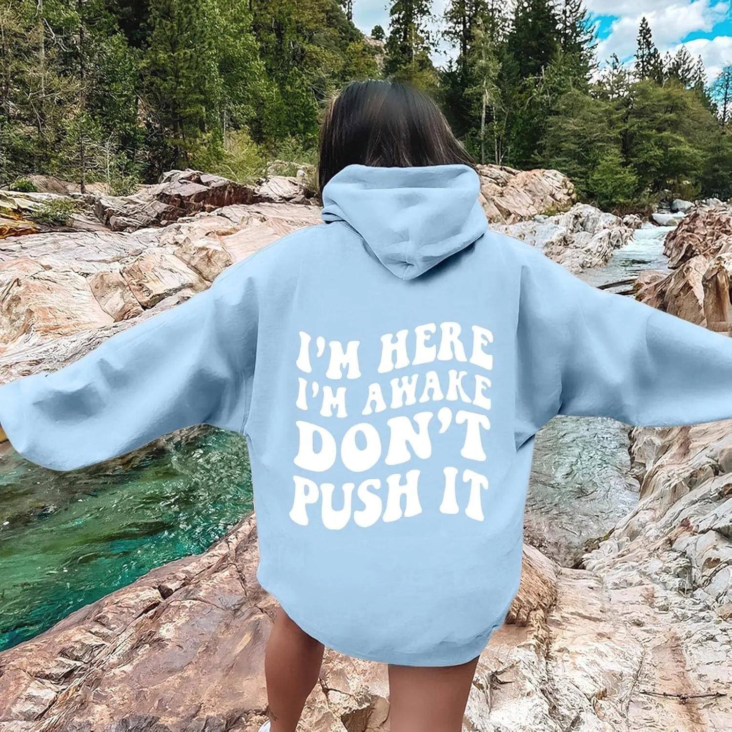 Heevina Hoodies For Women I'm Here I'm Awake Don't Push It Printed Funny Hoodie Pockets Hooded Sweatshirts 2024 Casual