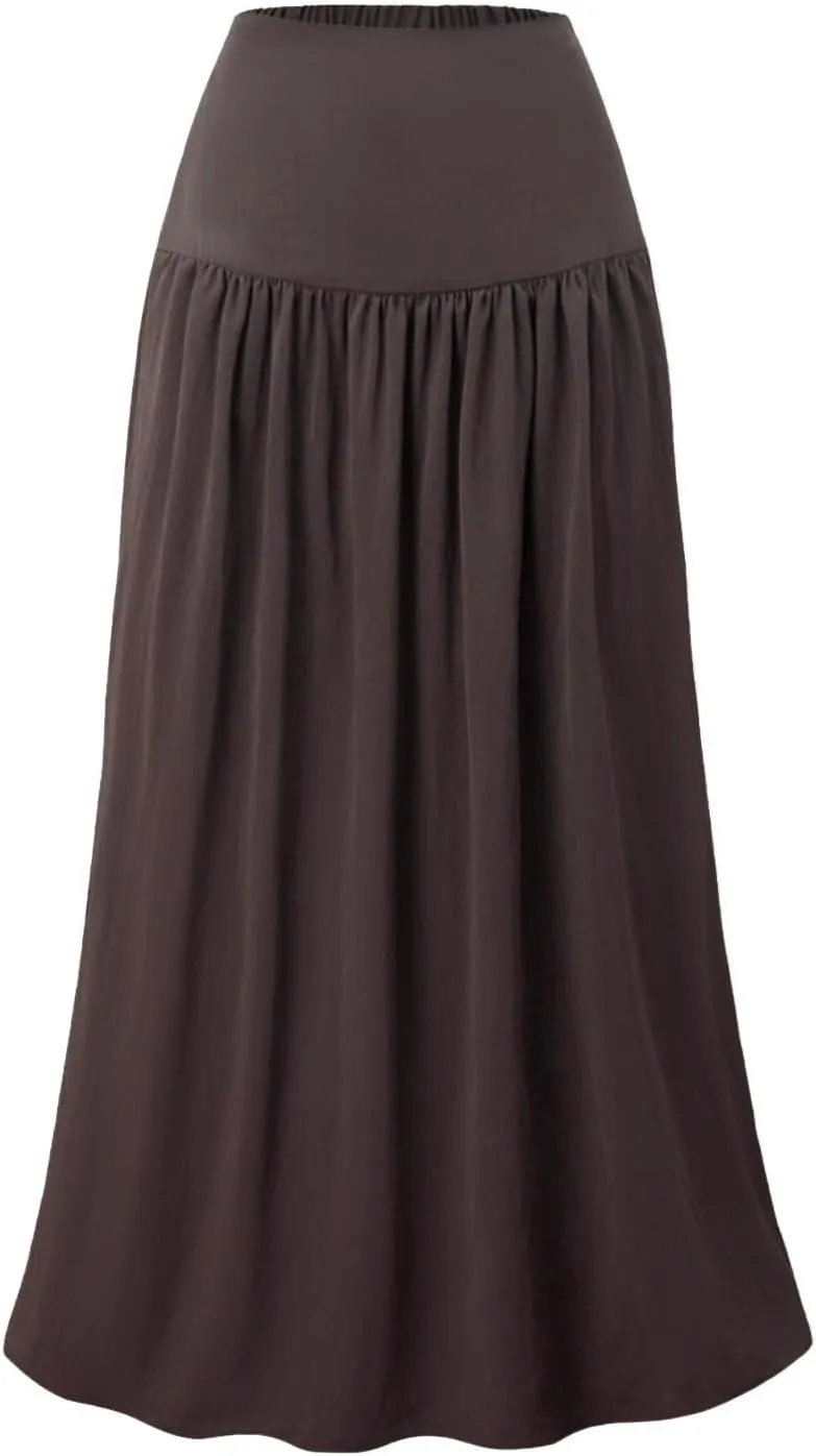 High Waisted Maxi Skirts for Women Cotton Summer Casaual Flowy Long Skirt Pleated Vacation Beach Skorts with Pockets