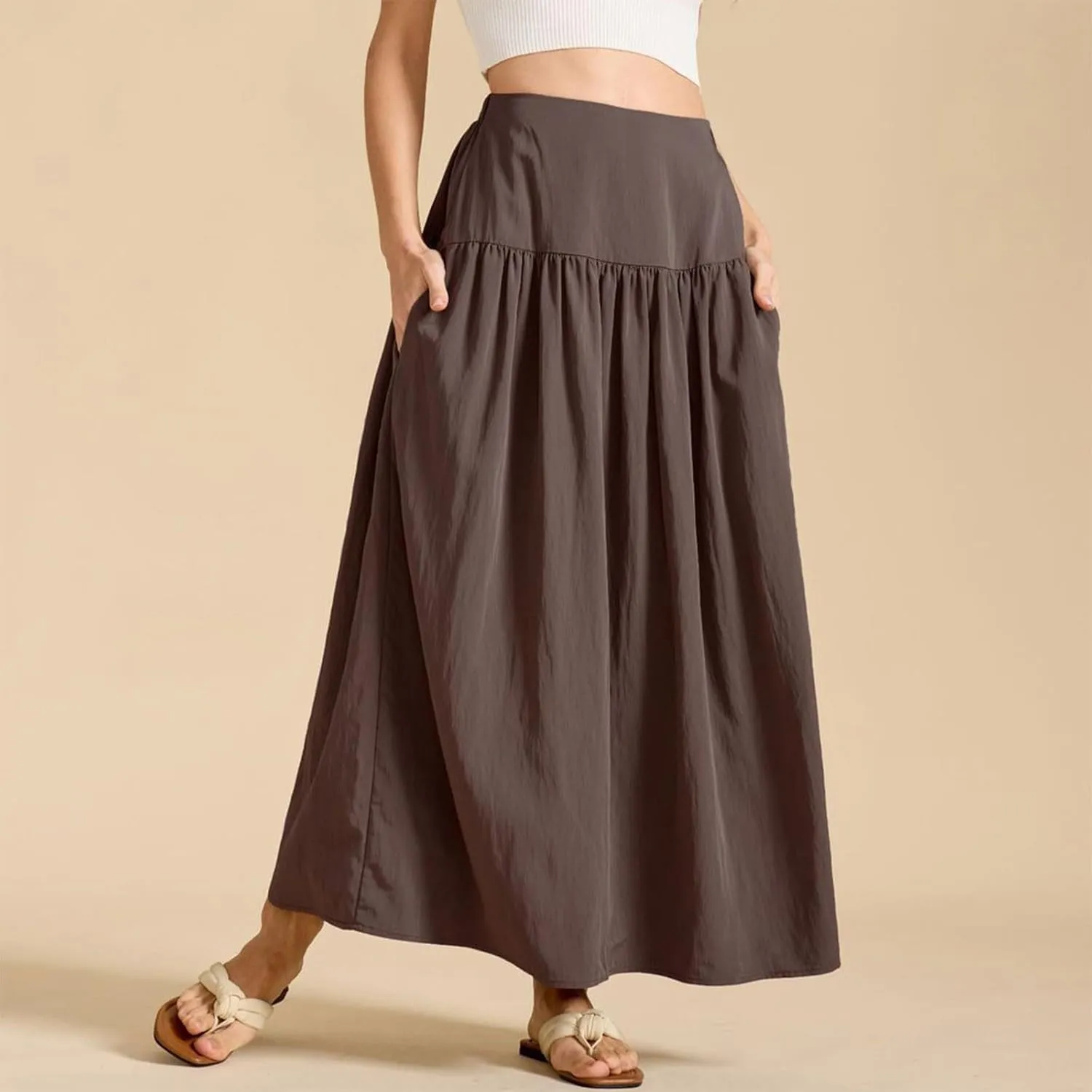 High Waisted Maxi Skirts for Women Cotton Summer Casaual Flowy Long Skirt Pleated Vacation Beach Skorts with Pockets