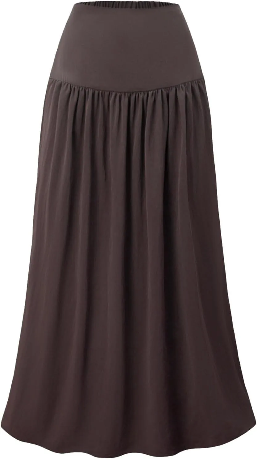 High Waisted Maxi Skirts for Women Cotton Summer Casaual Flowy Long Skirt Pleated Vacation Beach Skorts with Pockets
