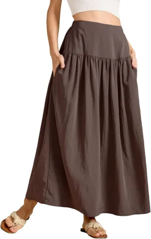 High Waisted Maxi Skirts for Women Cotton Summer Casaual Flowy Long Skirt Pleated Vacation Beach Skorts with Pockets