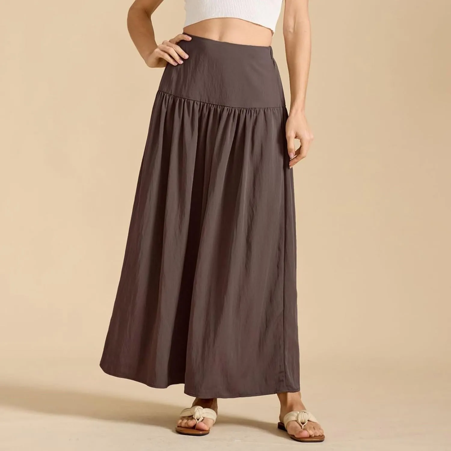 High Waisted Maxi Skirts for Women Cotton Summer Casaual Flowy Long Skirt Pleated Vacation Beach Skorts with Pockets